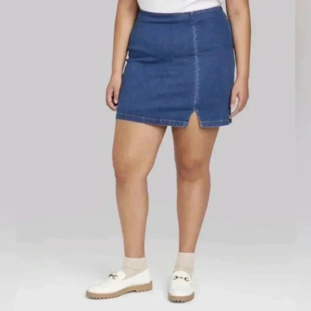 Wild Fable Womens Plus Skirt Size 28 Blue Stretch Slit High-Rise Preppy Denim